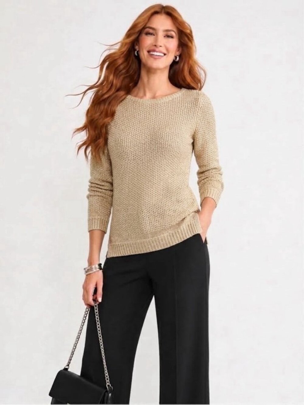 NEW White House Black Market XS Sweater Beige Gold Polyester Metallic XSMALL